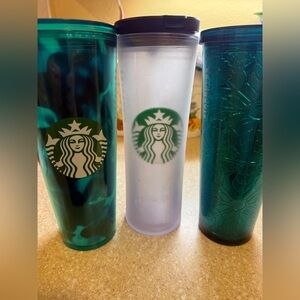 Starbucks Trio: Foil Teal,  Camo and 2008 Frosted Tumblers
